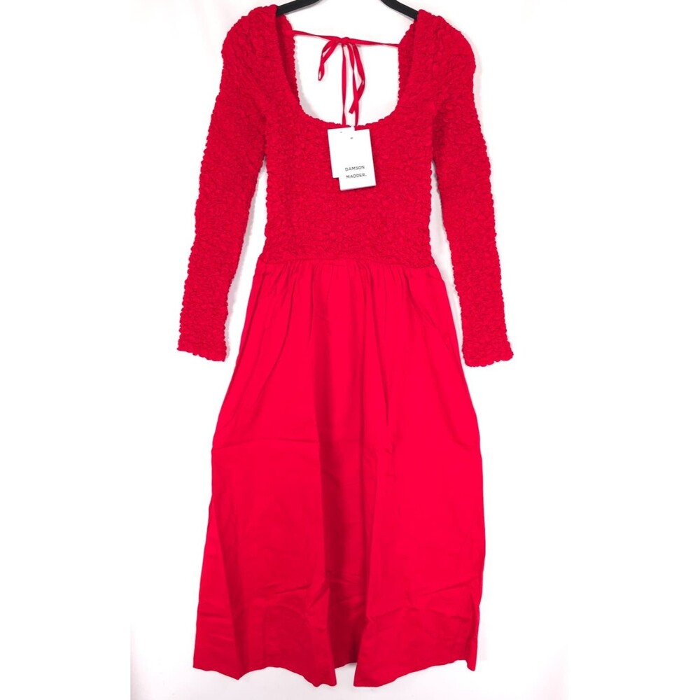 DAMSON MADDER Womens New Midi Dress 8 MALINDA LS SUPER Smocked Red AW25-DM-2165